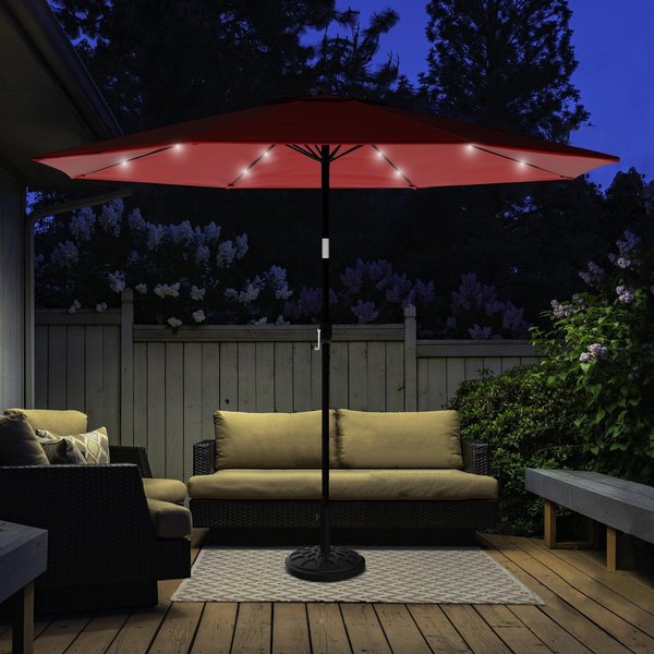 Pure Garden Patio Umbrella with Solar Lights with Base, Red 50-LG1174B